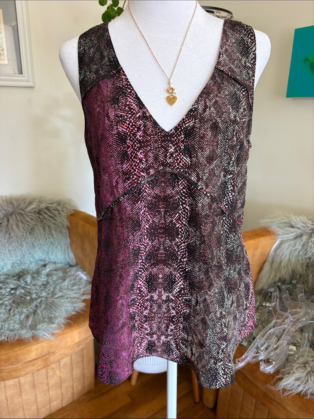 Rory Beca Pink and Black Snake-Print V-Neck Camisole